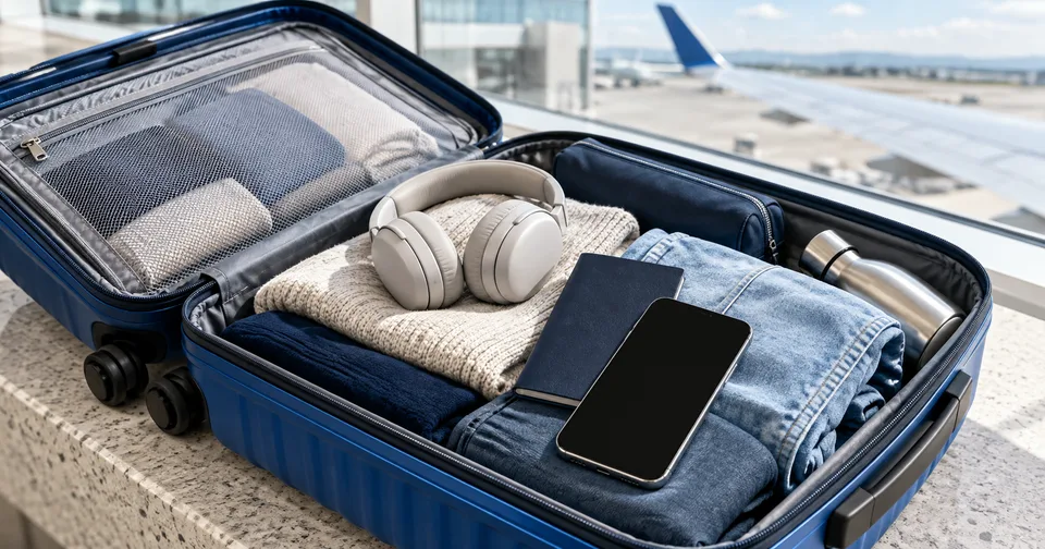 Blue cabin luggage with a phone, headphones and a plain travel document.