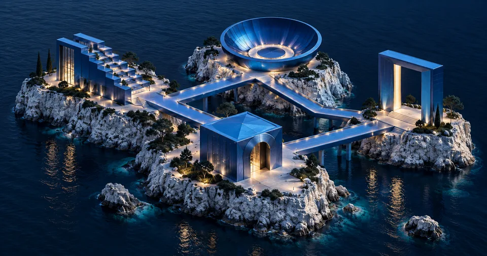 Four different blue architectural structures joined by causeways over water.