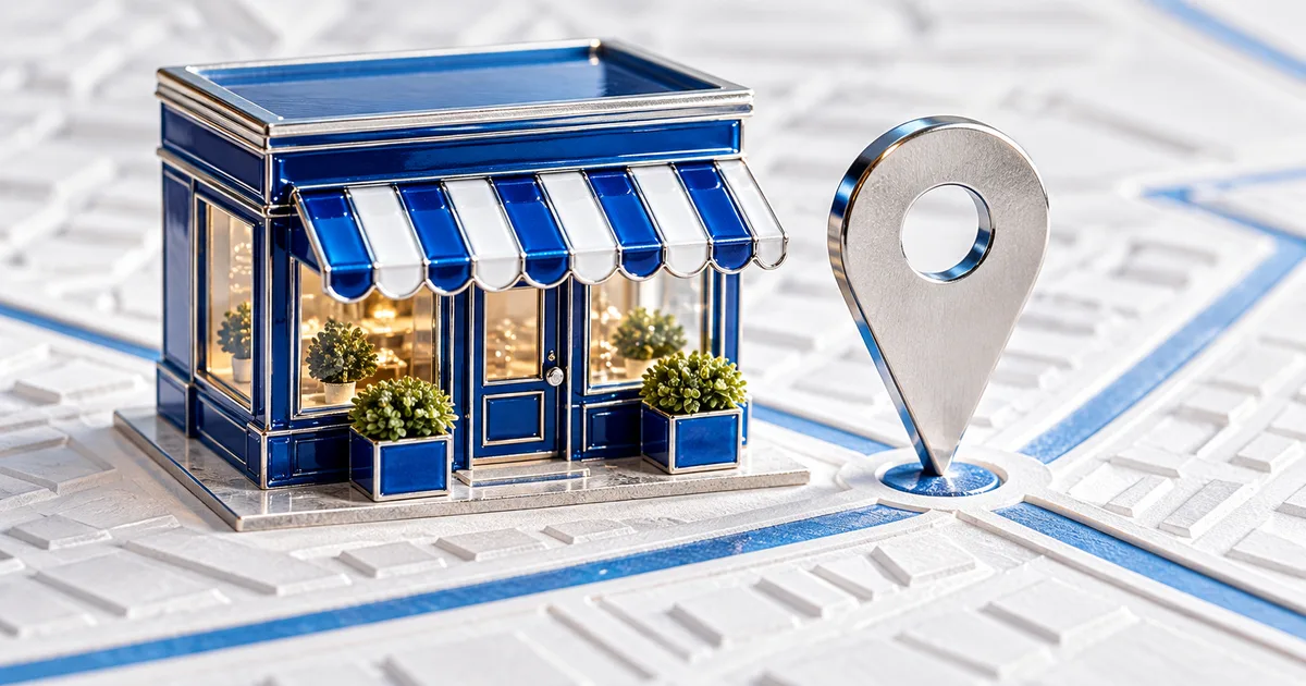 A blue storefront model and silver location pin on an embossed street map.