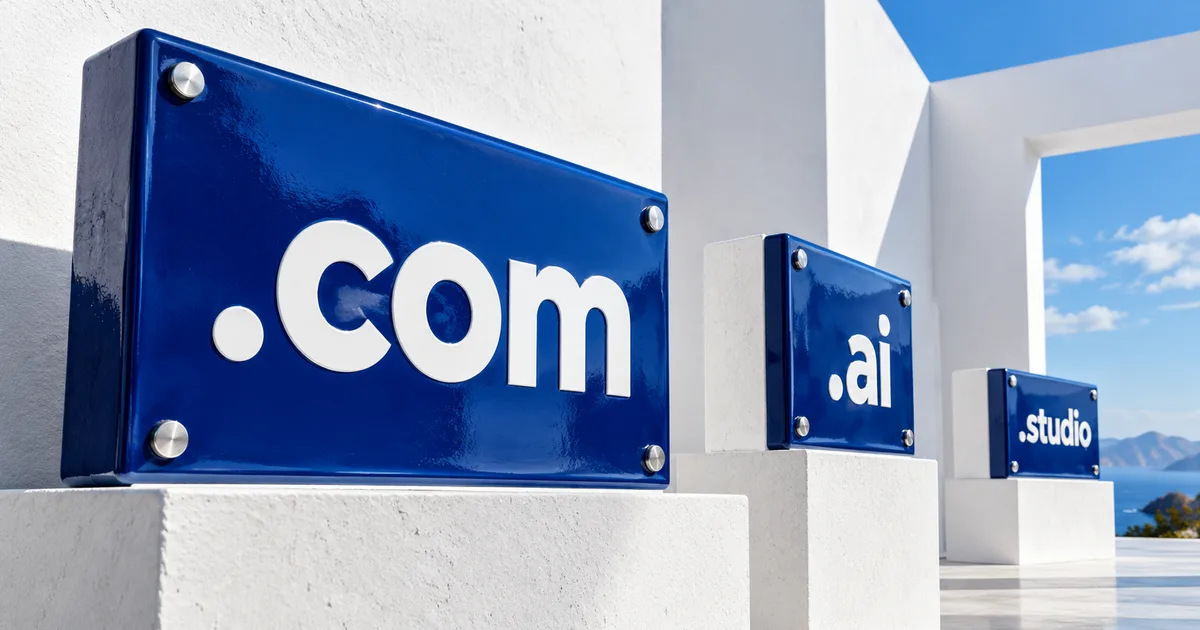 Three blue address plaques marked .com, .ai and .studio.