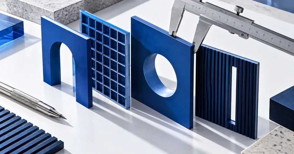 Different blue facade models with a caliper inspecting one design.