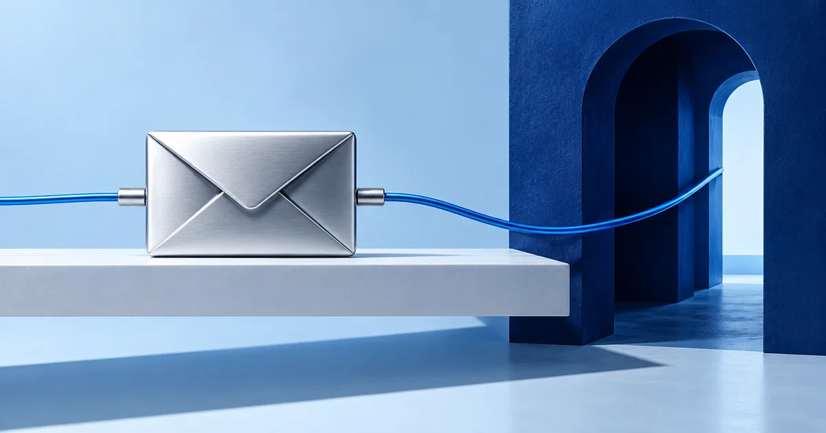 A silver envelope linked by a blue cable to an architectural doorway.