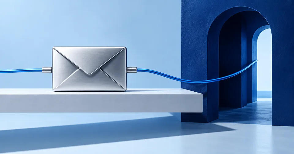 A silver envelope linked by a blue cable to an architectural doorway.