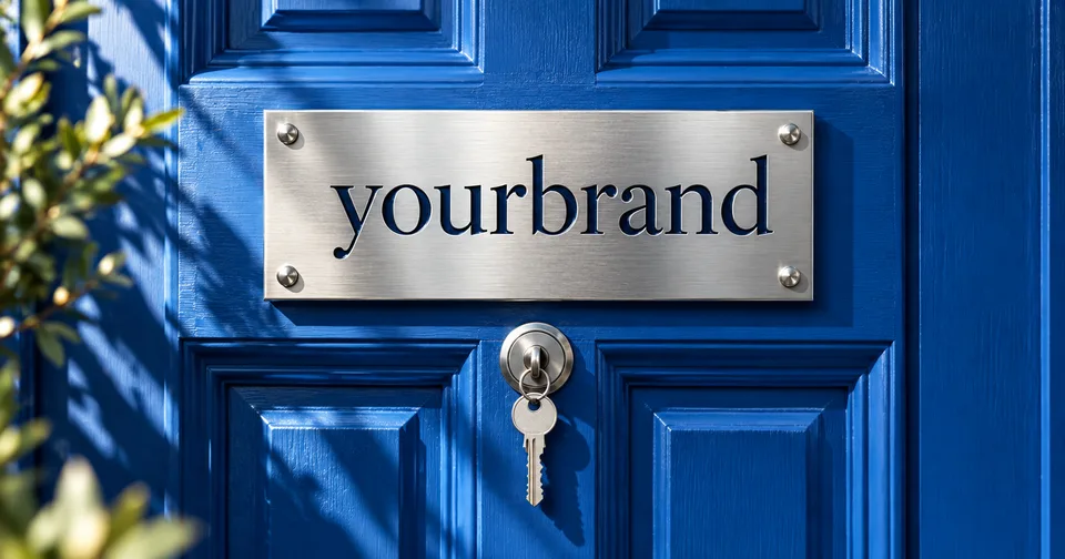 A silver yourbrand address plaque on a blue entrance door.