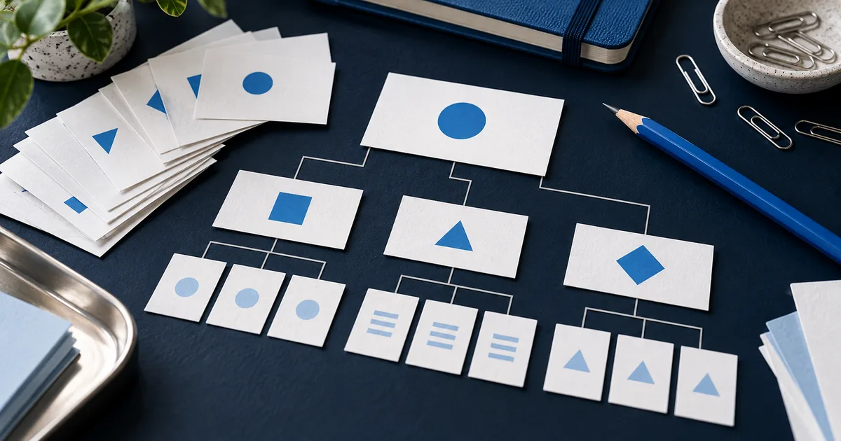 An editorial desk with branching index cards, a blue pencil and paper clips.