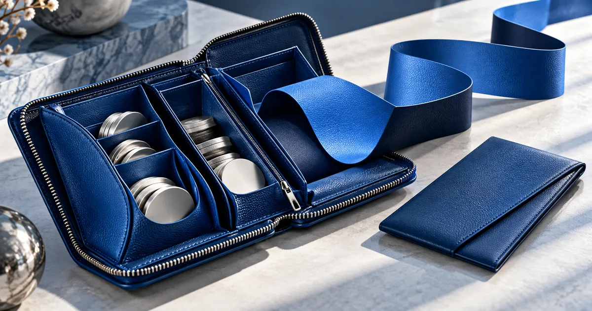 An open blue organizer wallet with separate compartments and a ribbon extending outward.