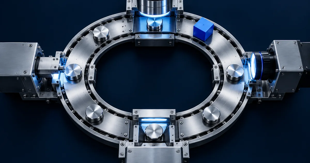 A circular mechanical track with four review stations and a blue cube.
