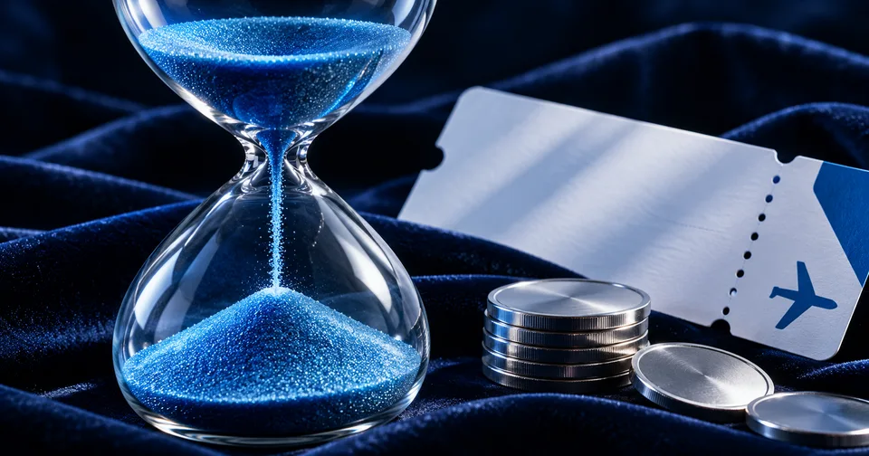 A blue-sand hourglass, blank perforated ticket and silver tokens.