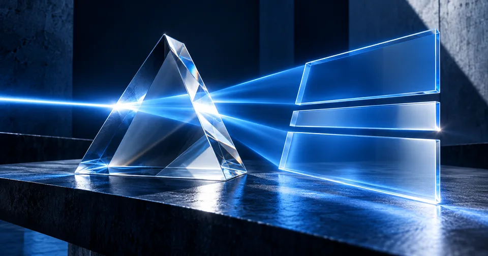 Blue light refracting through a prism into three architectural sheets.