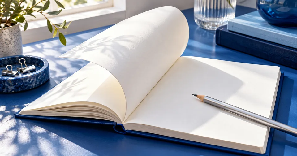 An open blank notebook with its first page rising and a silver pencil.
