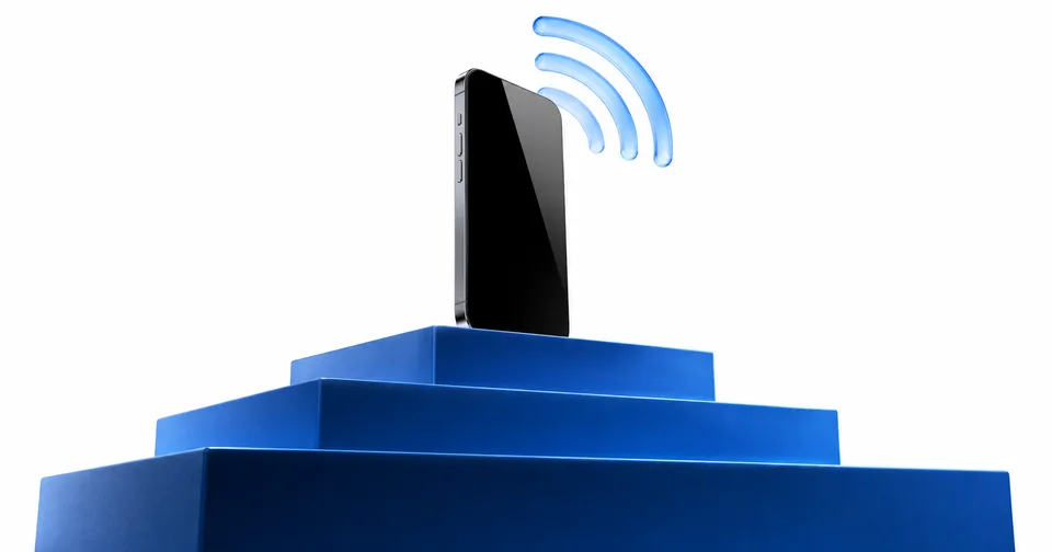 A phone on three blue steps with a signal arc representing eSIM activation.