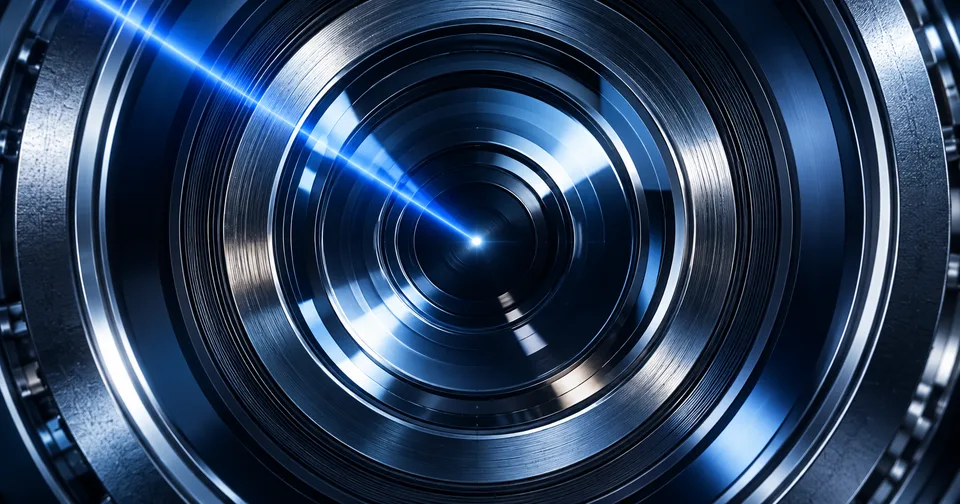 A precision optical lens illuminated by a blue scanning beam.
