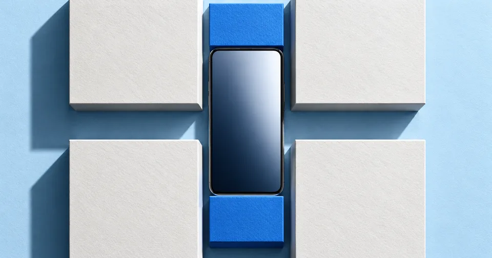 A narrow phone surrounded by blue paper blocks fitted to its width.