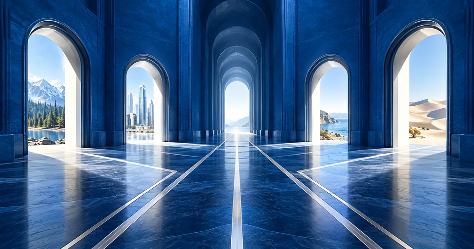 A blue architectural hallway branching into four separate doorways.