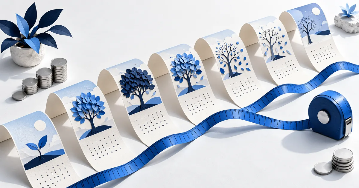 Seven paper arches and a blue measuring tape illustrating long-term website costs.