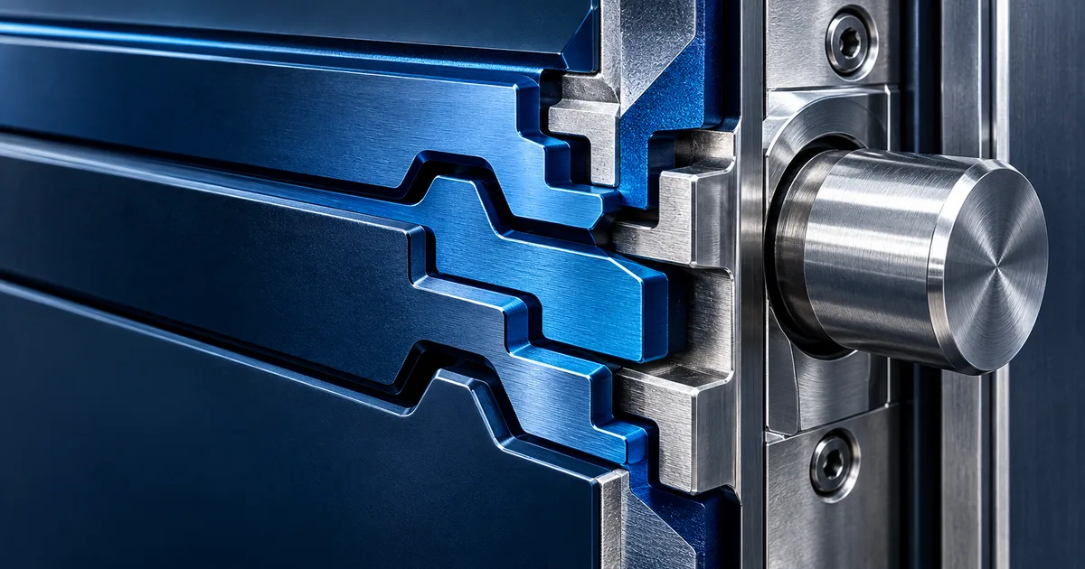 Three interlocking blue security layers surrounding a metal door bolt.