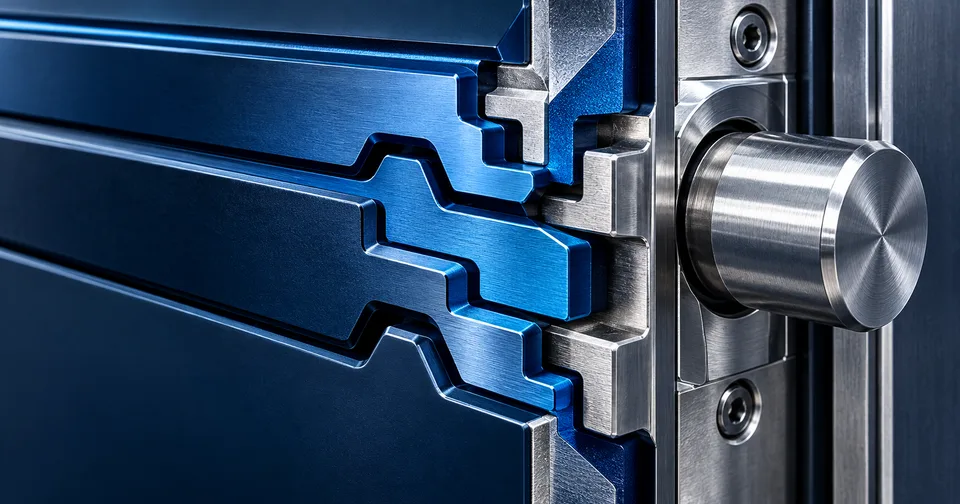 Three interlocking blue security layers surrounding a metal door bolt.